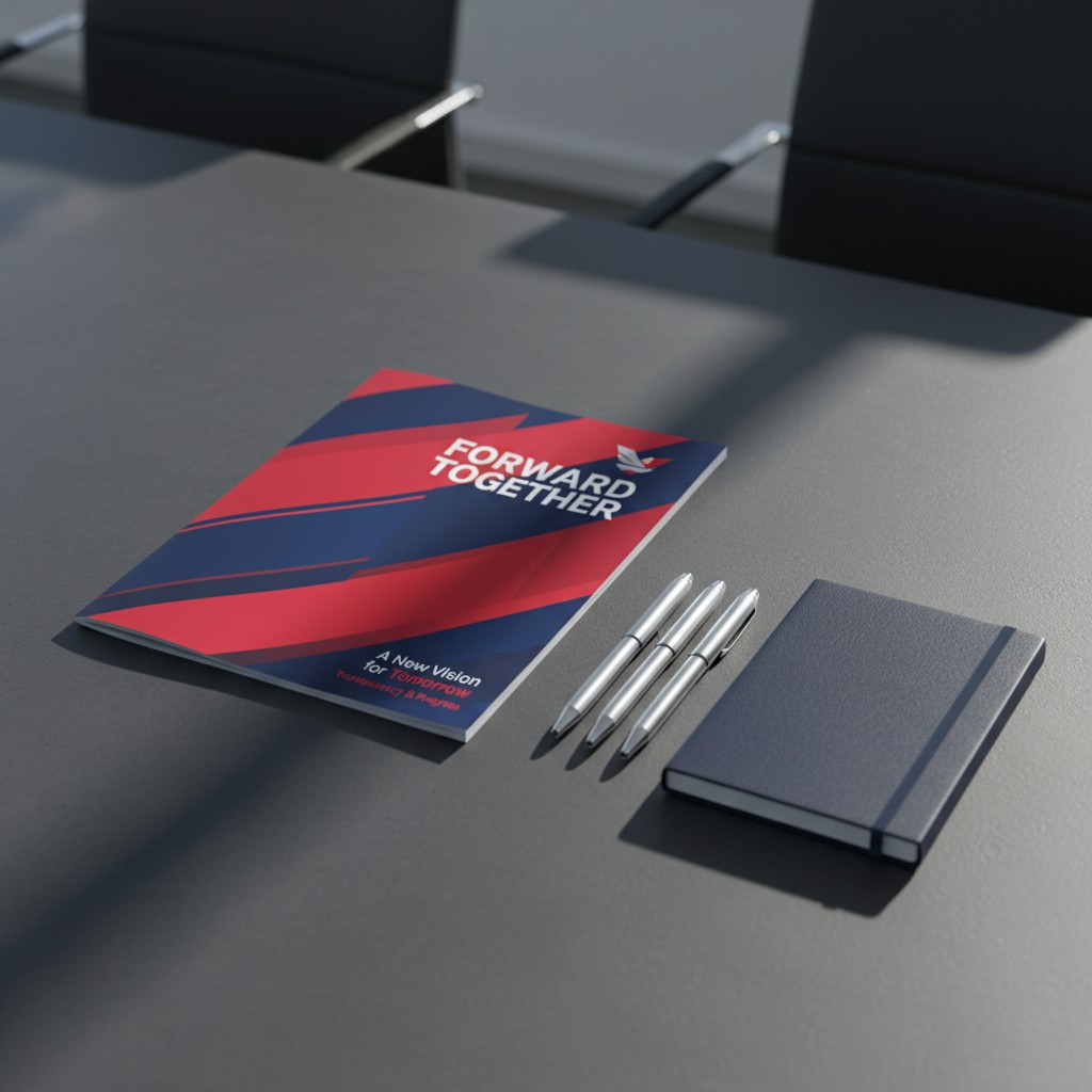 An office desk with a booklet, pens and notebook; the long shadow suggests the image is taken in the morning; a spotlight ...